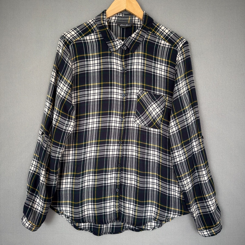 Eddie Bauer Shirt Women's Large Navy Green Plaid Long Sleeve Button Up Outdoor